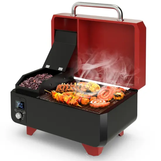 8-in-1 Multifunctional Outdoor Portable Tabletop Pellet Grill and Smoker with Digital Control System Red {4}