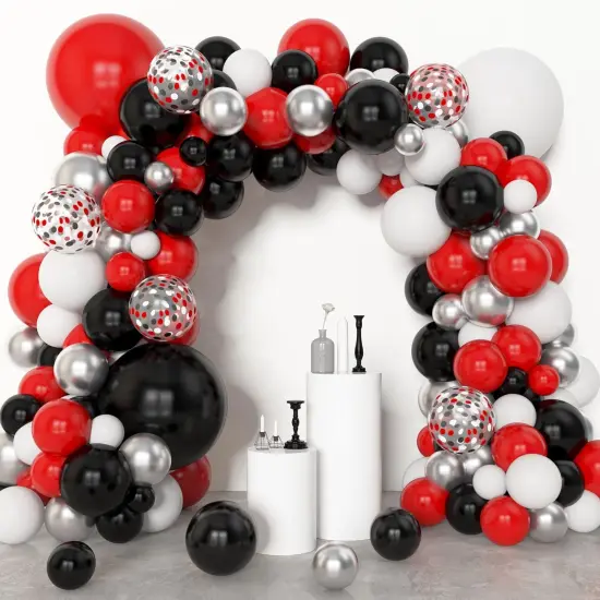 153pcs Red Black and White Balloon Arch Garland Kit Different Sizes 18 12 10 5inch Silver Latex Metallic Confetti Graduation Balloons {2}