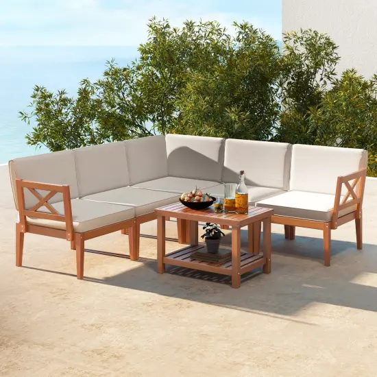6 Pieces Wooden Patio Conversation Furniture Set with 2-Tier Rectangular Coffee Table {3}