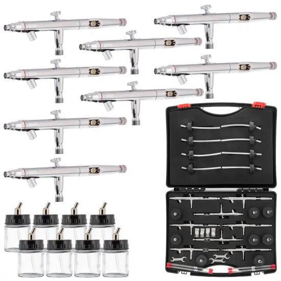 8 Master Hi-Flow S62 Dual-Action Siphon Feed Airbrushes with 0.5 mm Tips, 3/4 oz. Bottles, Cutaway Handles & Storage Case {1}