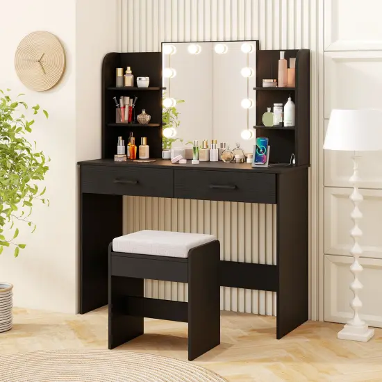 Vanity Set with Lighted Mirror and Stool for Easy Storage and Charging Black {1}