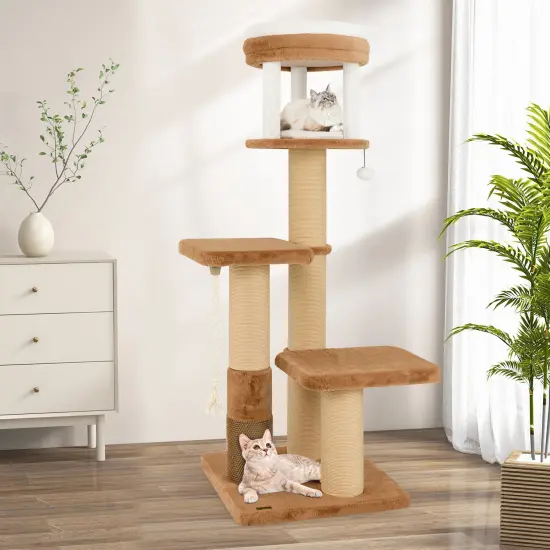 Engineered Wood Tall Cat Tree with Faux Rabbit Fur, Scratching Posts and Removable Cat Bed {3}