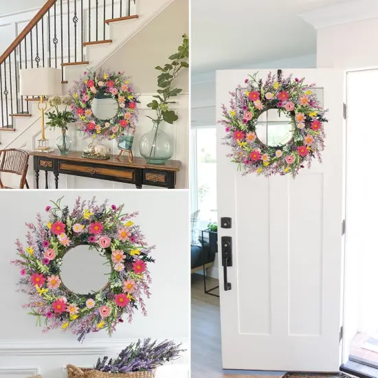 Spring Wreaths for Front Door 20 Inch Artificial Summer Wreath Daisy and Lavender Wreath Wildflowers Wreath for Home Wall Farmhouse Springtime Easter Holiday Party Decor {2}