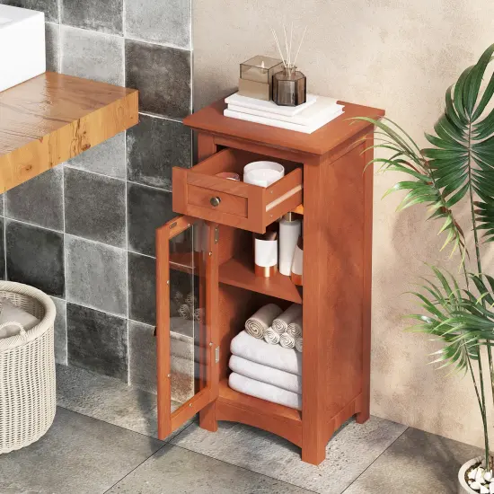 MDF Storage Cabinet with Glass Door, Drawer and Adjustable Shelf Brown {3}