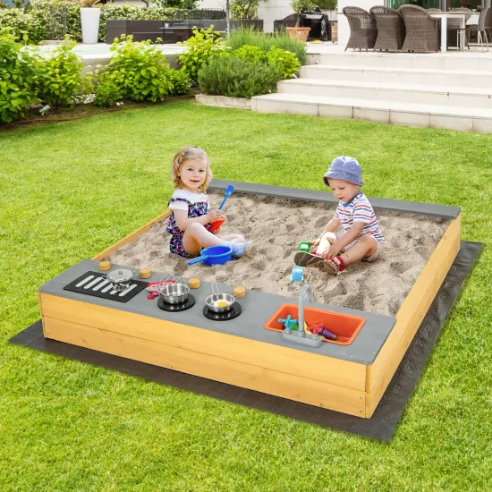 Natural Fir Wood Kids Kitchen Sandbox with Bench Outdoor Playset {2}