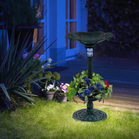 Solar Bird Bath with Lotus Leaf Bowl, Planter and Weatherproof Lamp Green {2}