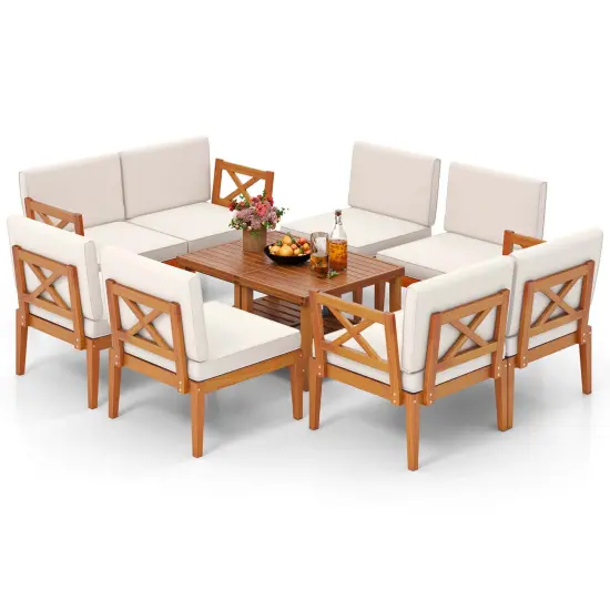 Costway 10 PCS Acacia Wood Patio Furniture Set with Cushions and 2-Tier Coffee Table {2}