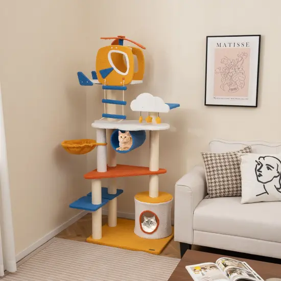 70 Inch Tall Aviation-Themed Cat Tree Tower with Helicopter Top Perch Ideal for Indoor Cats {3}