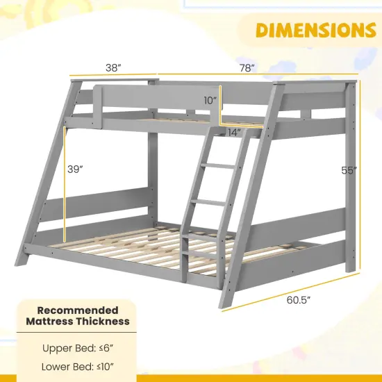 Solid Wood Twin Over Full Low Bunk Bed, Convertible, Sturdy and Safe Design Gray {4}