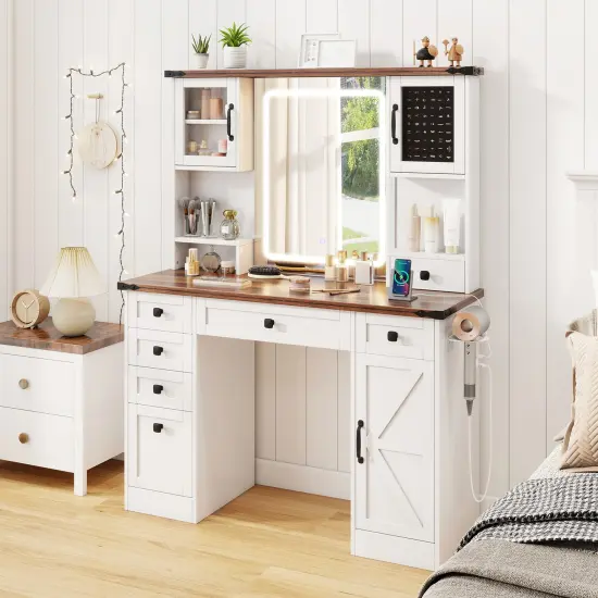 Farmhouse Vanity Desk with Lighted Mirror and 3 Doors-White {2}