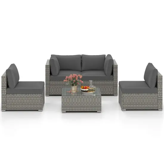 5-Piece Outdoor Patio Furniture Set Including Coffee Table and 4 Rattan Chairs with Cushions Gray {4}