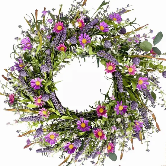 22 Inch Purple Flower Wreath - Spring/Summer Artificial Wildflowers & Green Leaves for Front Door, Indoor/Outdoor {5}