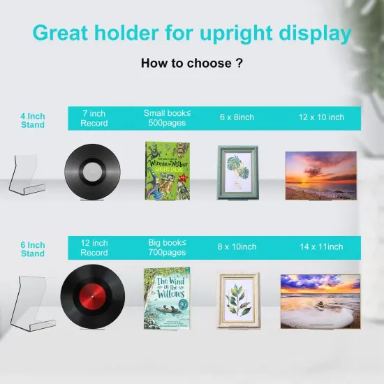 Acylic Upright Display Stand, 6PC 4 Inch Clear Display Holder Easel Base Picture Frame for Home Office School Store to Display Book, Vinyl Record, Album, LP Cover, Artworks, CDs {5}
