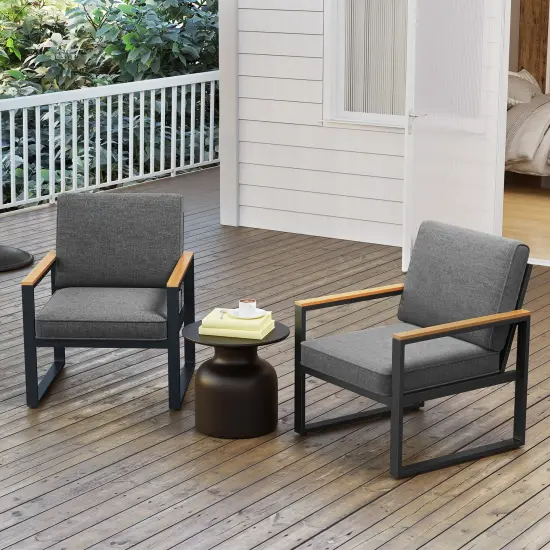 Set of 2 Patio Aluminum Frame Armchairs with Wood-Plastic Armrest and Comfortable Cushion Seat {2}