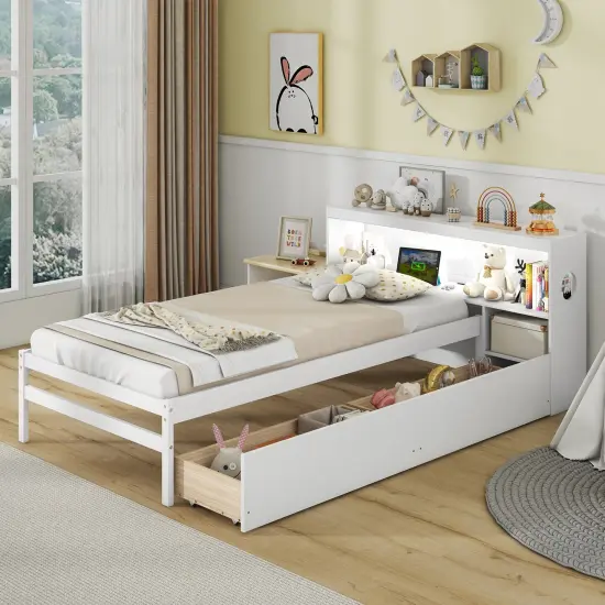 Solid Wood Bed with Storage Headboard, LED Light, USB Ports and Drawers White {2}