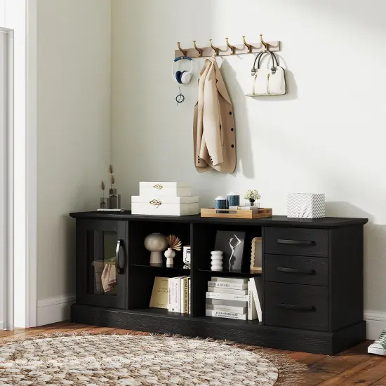 63 Inches Entertainment Center with 3 Storage Drawers and Removable Glass Shelves Black {2}