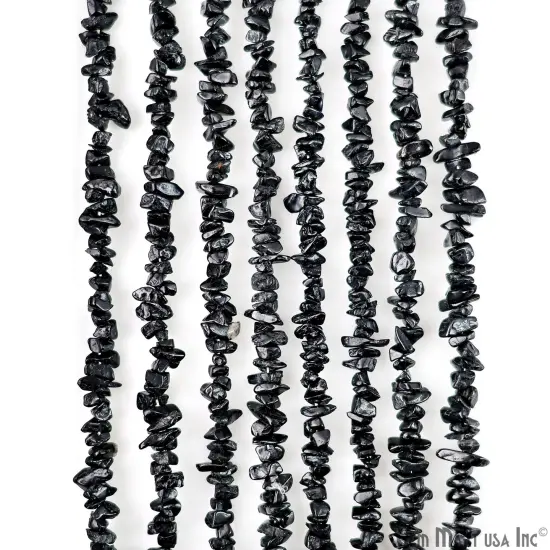 Black Tourmaline Chip Beads, 34 Inch, Natural Chip Strands, Drilled Strung Nugget Beads, 3-7mm, Polished, GemmartUSA (CHKT-70001) {6}