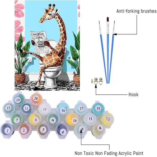 Paint by Number Kit for Adult, Easy Toilet Giraffe Acrylic Paint by Numbers Kits on Canvas, Animal Oil Painting Kits Adults' Paint-by-Number Kits for Home Wall Decor 12x16inch {2}