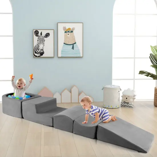 Soft Play 5-Piece Climbing Blocks Set with Slide, Ball Pit, Step and Concave for Kids Gray {3}