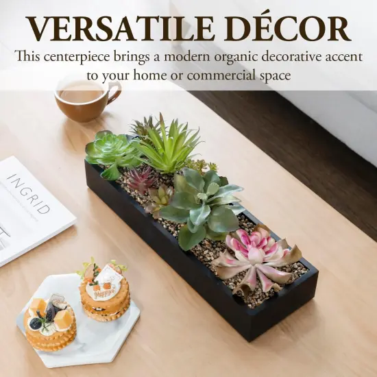 Artificial Assorted Succulent Arrangement in Rectangular Black Wood Planter Box, Fake Plant Decor {2}