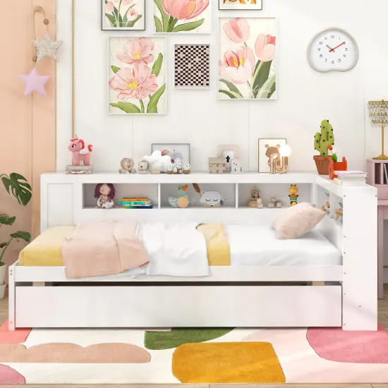 White Solid Wood Twin size Daybed with Trundle, Storage Cubes and Reversible Headboard {3}