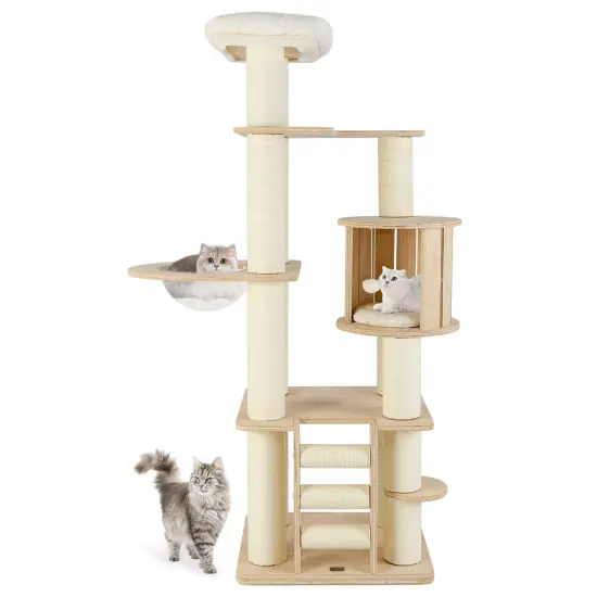 71 Inch Tall Wooden Cat Tree Tower with Soft Padded Plush Cushions Ideal for Indoor Cats {4}