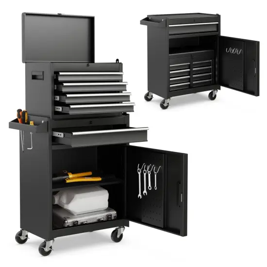2-in-1 Tool Chest Cabinet with 5 Sliding Drawers and 4 Universal Wheels Perfect for Garage or Workshop Black {4}