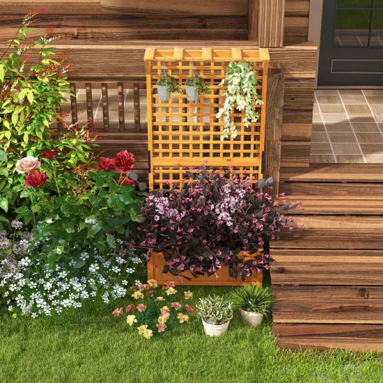 Natural Fir Wood Raised Garden Bed with Hanging Roof, Trellis and Planter Box {3}