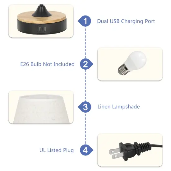 Set of 2 Beige Table Desk Lamps with Dual USB Ports &ndash; Wood & Metal Bedside Lamps, Linen Shade, UL-Certified, Eye-Caring Lighting for Bedroom, Office, or Living Room {3}