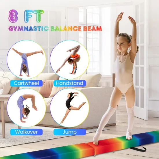 8 Feet Portable Folding Gymnastic Balance Beam with Solid Wood Base Ideal for Walkover or Cartwheel Multicolor {6}