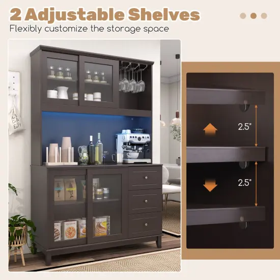 Kitchen Pantry Storage Cabinet with 2 Compartments with Doors and LED Lights and Power Outlet Dark Brown {6}