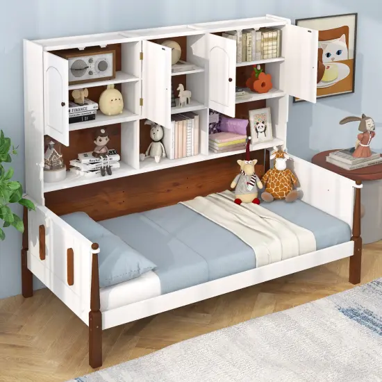 Pine Wood Twin Bed with Bookcase, Storage Shelves and Modern Vintage Design {6}