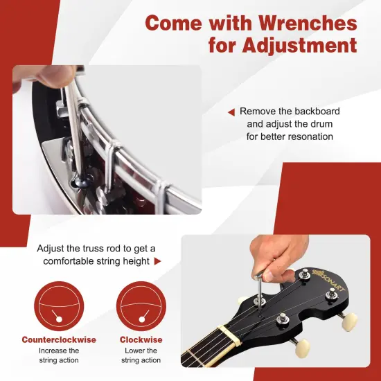 5 String Banjo with Rosewood Fingerboard, Adjustable Brackets and Accessories {5}