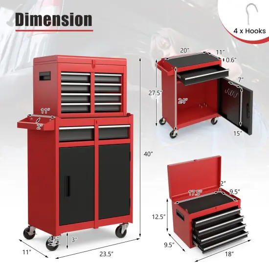 2-in-1 Tool Chest Cabinet with 5 Sliding Drawers and 4 Universal Wheels Perfect for Garage or Workshop Black & Red {5}