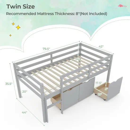 Twin Size Low Loft Bed with 3 Storage Drawers Ladder and Guardrails Gray {5}