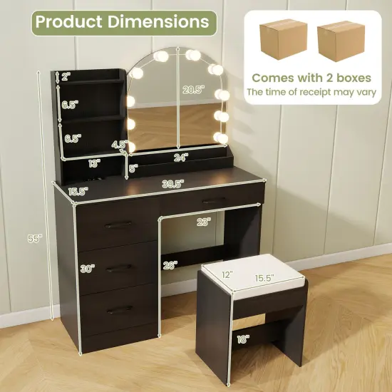 MDF Vanity Table with LED Mirror, Charging Station and Large Storage Black {4}