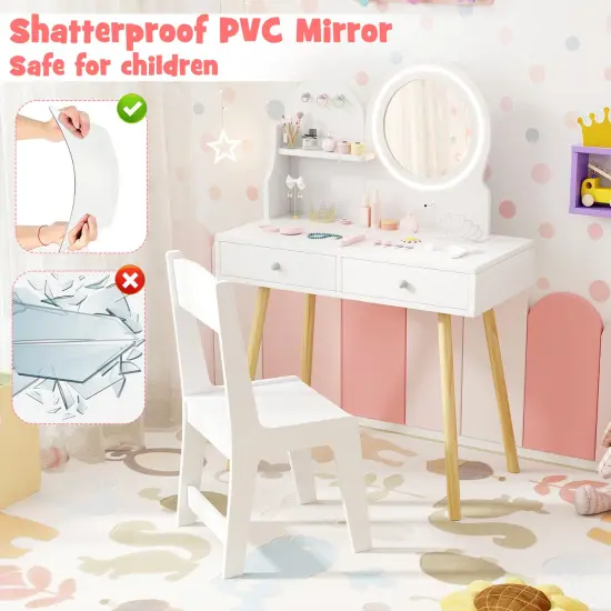 MDF and Pine Wood Kids Princess Dressing Desk with LED Mirror, Storage and Chair White {6}