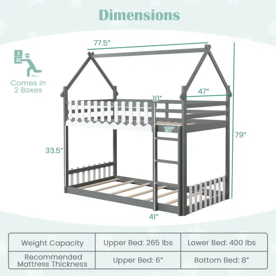 Pine Wood House Bunk Bed, Twin Over Twin, Sturdy Frame and Safe Ladder Gray {4}