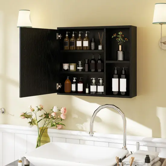 Wall Mounted Bathroom Medicine Cabinet with Single Mirror Door and 2 Inside Adjustable Shelves Black {3}