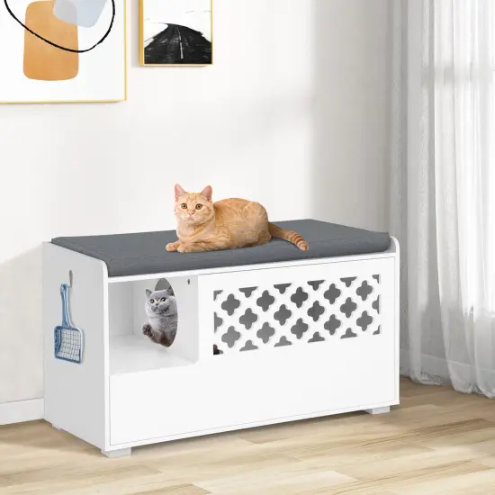 White 4-in-1 Cat Litter Box Enclosure with Removable Cushion and Front Flip Door {2}