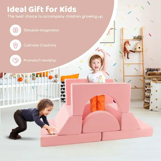 Suede Fabric Kids Modular Play Sofa and 8-Piece Play Couch with Soft Foam Pink {6}