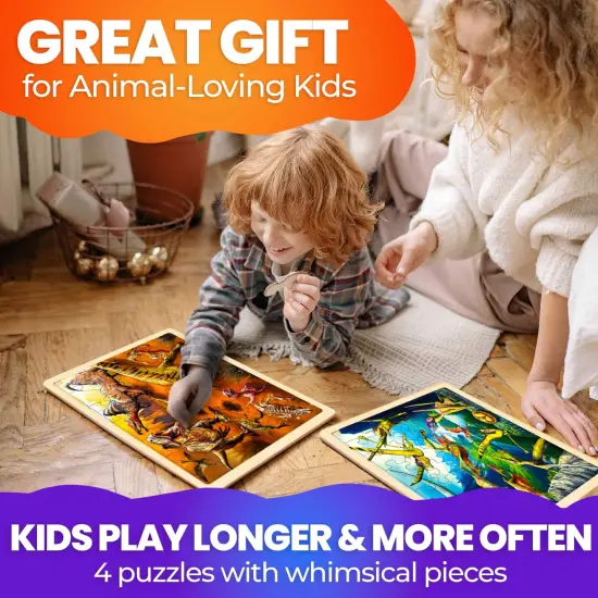 4 Set 36 Pcs Wooden Puzzles for Kids | Dinosaur World {6}