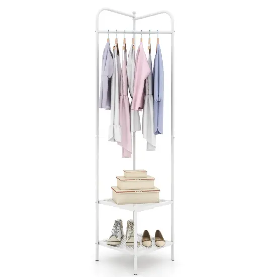 Corner Coat Rack with Top Hanger and 2 Mesh Shelves for Entryway White {4}