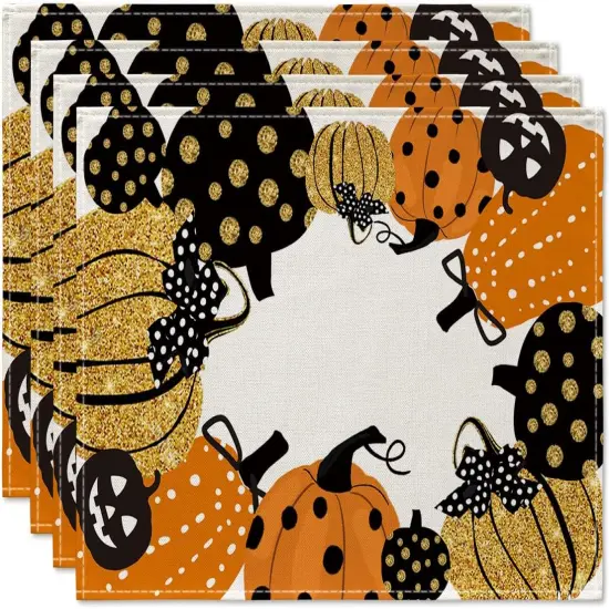 Set of 4 Jack-O-Lantern Halloween Placemats - 12x18 Inch (Orange/Black) {1}