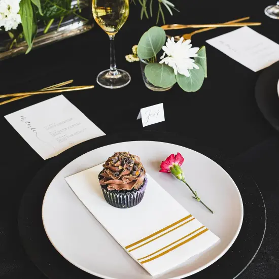 Shiny Gold on White Dinner Napkins, Feels Like Linen, Soft Fluff Pulp Paper (Disposable) - 50 Pack, 8.5" x 4" {3}