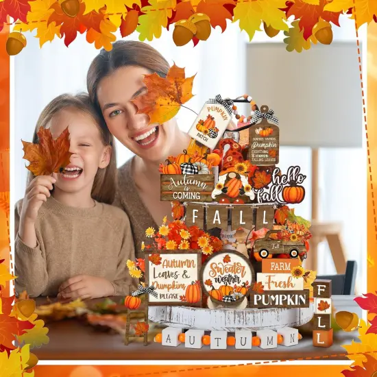 21 Pcs Fall Thanksgiving Tiered Tray Decor Set Pumpkin Gnome(Vintage) {2}