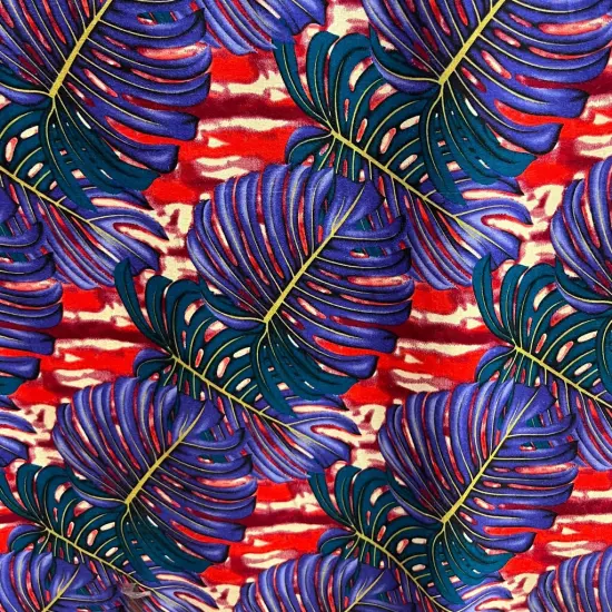 1 Yard All Over Monstera Leaf Rayon Poplin Fabric 36in L x 45in W Turquoise & Pink {2}