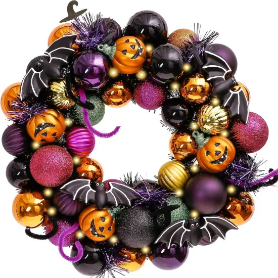 12 Inch Halloween Pre-Lit Pumpkin Ball Wreath {1}