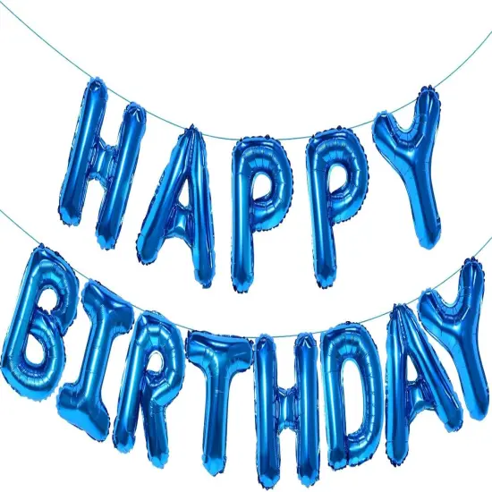 Blue Happy Birthday Balloon Banner, 16 Inch Foil Mylar - Blue {1}