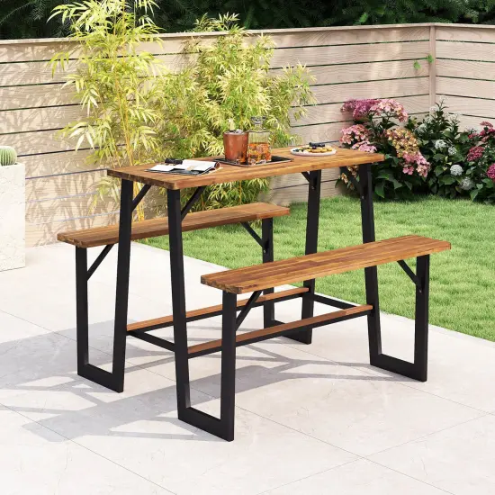 Costway Patio Picnic Table Bench Set with Acacia Wood Tabletop Benchtop Built-in Footrests {1}